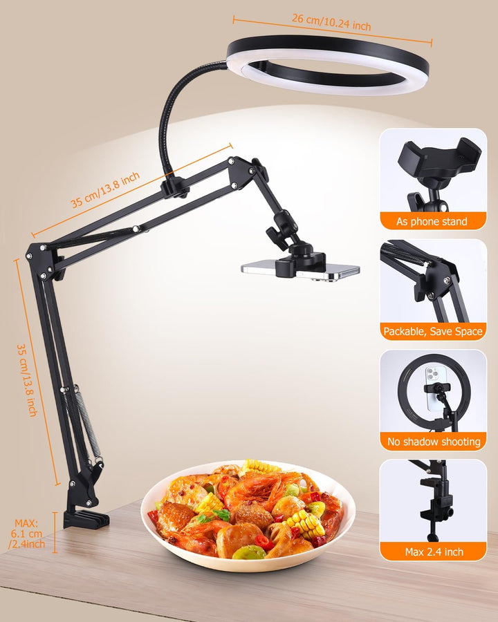 Handy Stativ mit Ringlicht, 10” Overhead Stativ Handy mit Fernsteuerung, Flexibler Tisch Kamera Arm