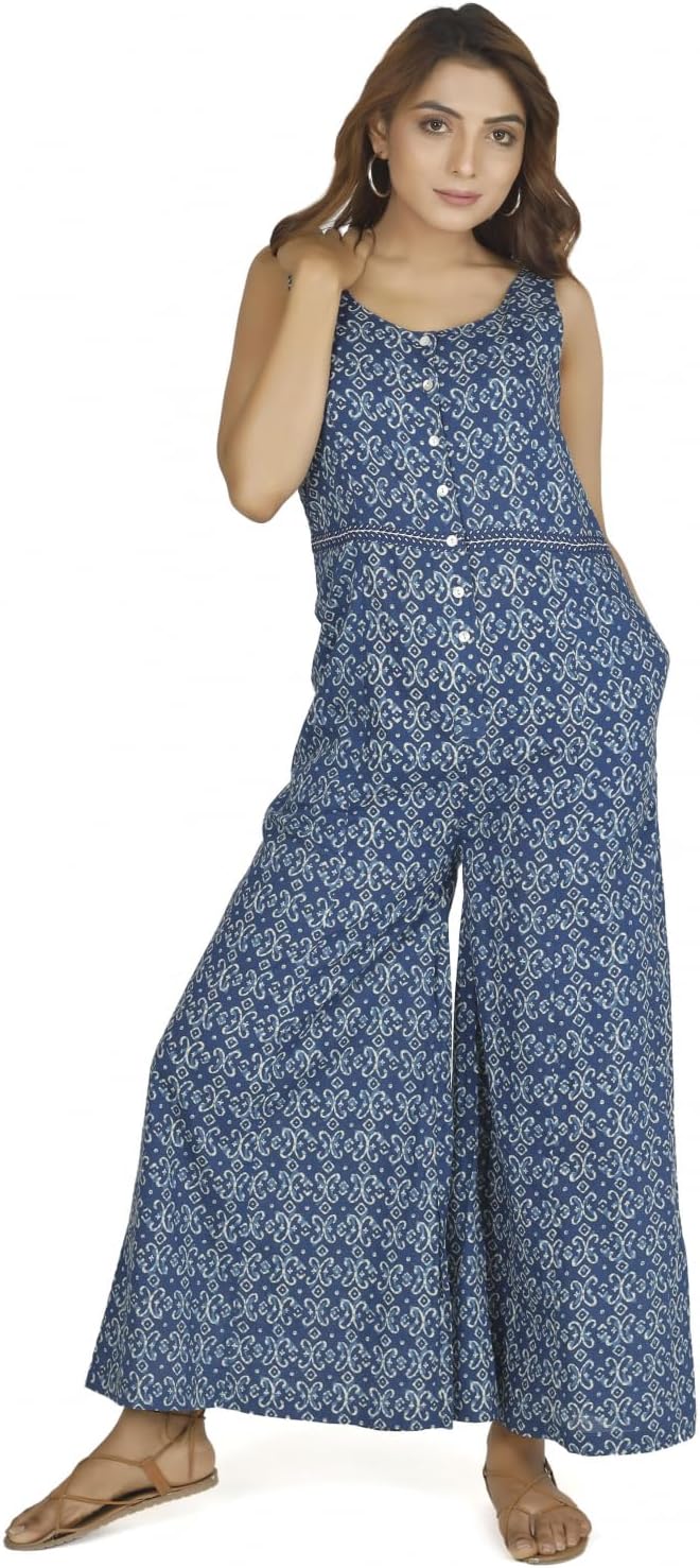 GURU SHOP Sommerliche Latzhose, Ethno Style Oversize Einteiler, Blockdruck Overall, Damen, Baumwolle