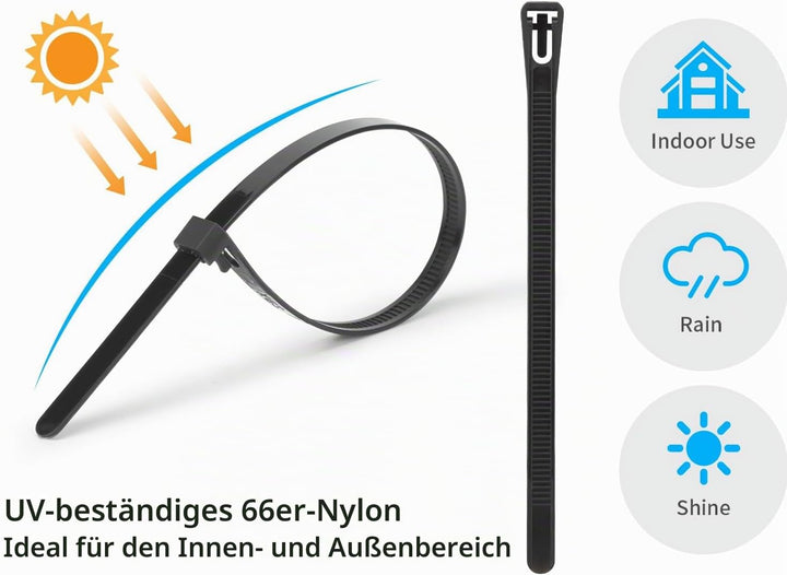 100 Stück 7.6mm x 450mm Kabelbinder wiederverwendbar UV-Beständig Starkes Nylon Wiederlösbar Kabelbi