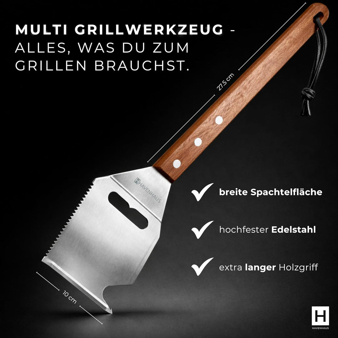 Multi Tool Grillspachtel | 8 in 1 Grillwerkzeug | Der Alleskönner auf dem Grill mit elegantem Akazie