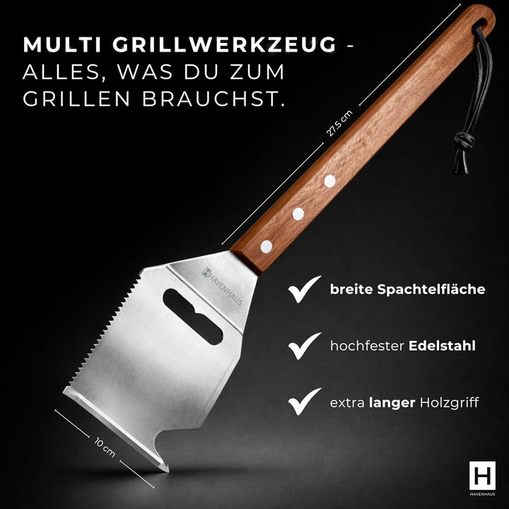 Multi Tool Grillspachtel | 8 in 1 Grillwerkzeug | Der Alleskönner auf dem Grill mit elegantem Akazie