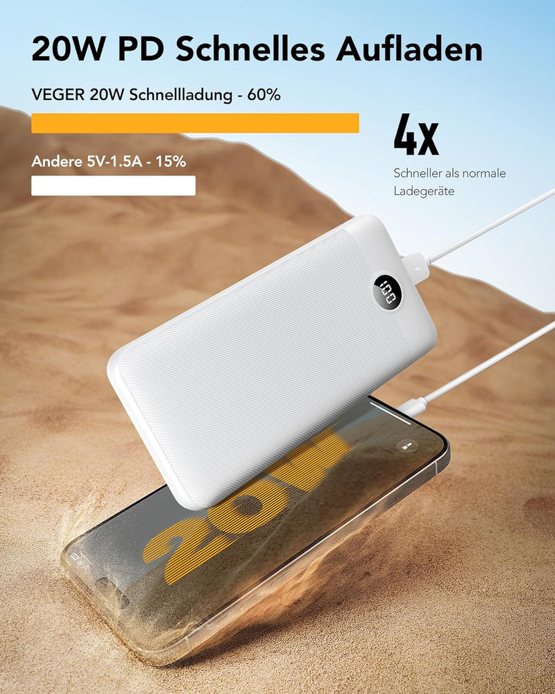 VEGER Power Bank 27000mAh 20W PD, Powerbank USB C Externer Handyakkus mit 4 Ausgängen und 2 Eingänge