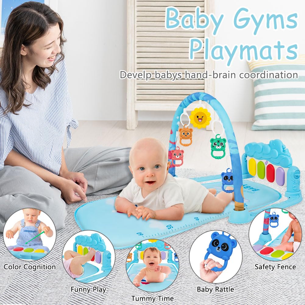 AOMIG Piano-Gym Spieldecke, Krabbeldecke mit Musik und Lichtern, Spielmatte mit Spielbogen abnehmbar