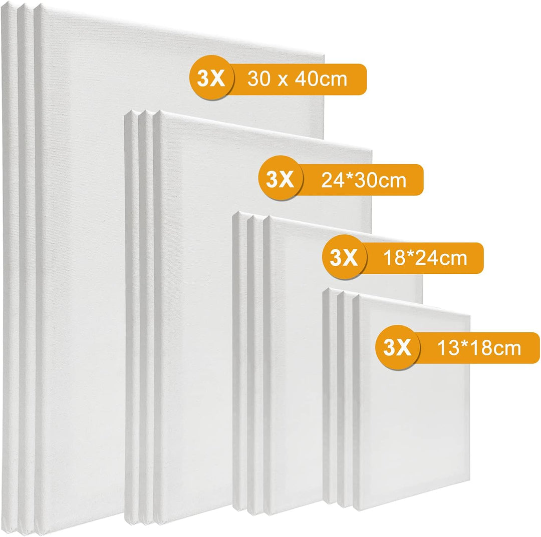 HOTOOLME 12 Stück Leinwand Set - Leinwand zum bemalen, Keilrahmen 13x18cm, 18x24cm, 24x30cm, 30x40cm