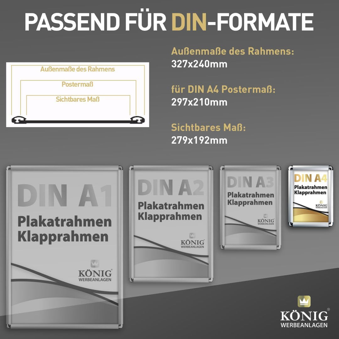 10 Plakatrahmen DIN A4 | abgerundete Ecken | 25mm Alu Profil, Silber | inkl entspiegelter Schutzsche