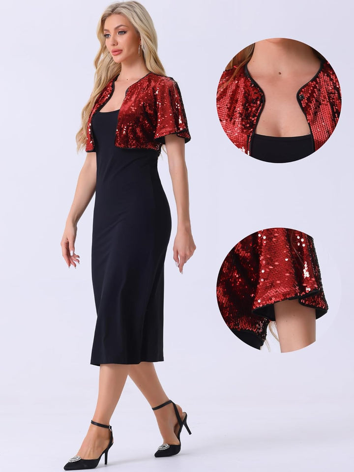 Allegra K Damen Bolero Pailletten Glitzer Shrug Party Crop Jacke L Rot, L Rot