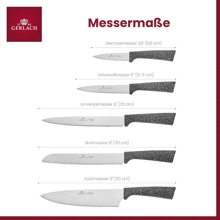 GERLACH Smart Stainless Steel X30Cr13 Bloc de 5 couteaux Finition satinée Granite Toucher doux