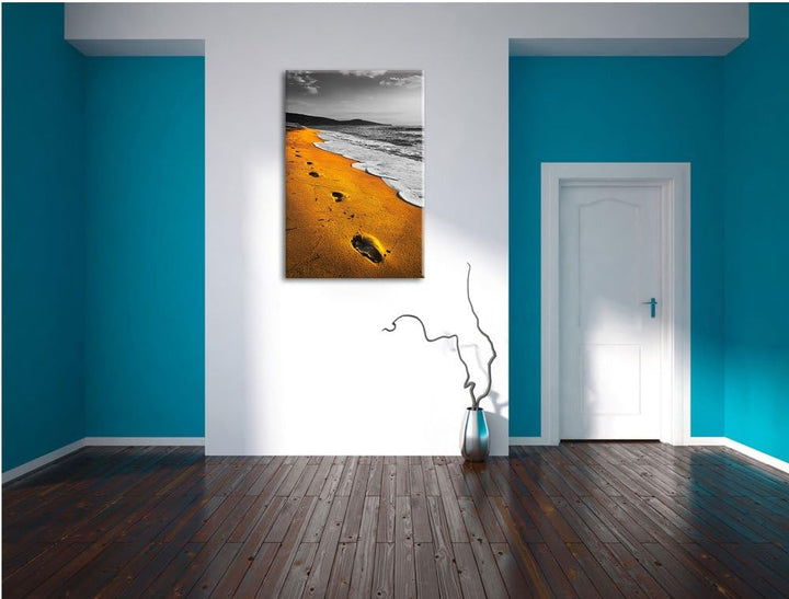 Spuren Im Sand am weiten Meer schwarz/weiss Format: 100x70 auf Leinwand, XXL riesige Bilder fertig g