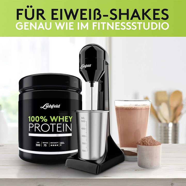 Liebfeld Protein Shaker Elektrisch - Stabmixer mit 500ml Edelstahl Becher - Proteinshake & Milch Sha