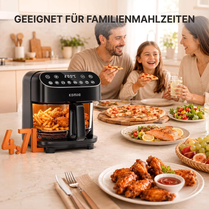Kismile Glas Airfryer 4,7L, Heissluftfritteuse, Borosilikatglas, Touchscreen | 4,7L Borosilikatglas-