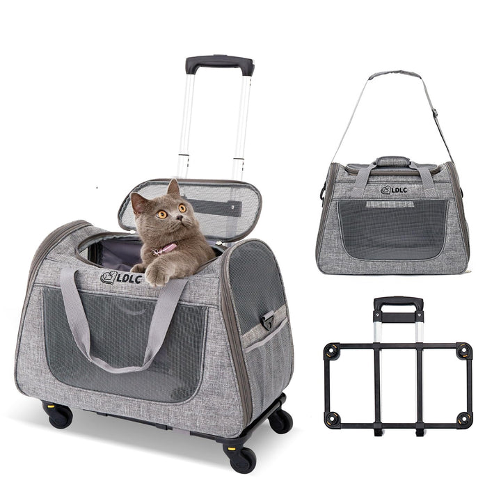 PETCUTE Katzen Transportboxen Bis zu 9 kg,Atmungsaktiv Haustier Transportbox mit Teleskopgriff und R
