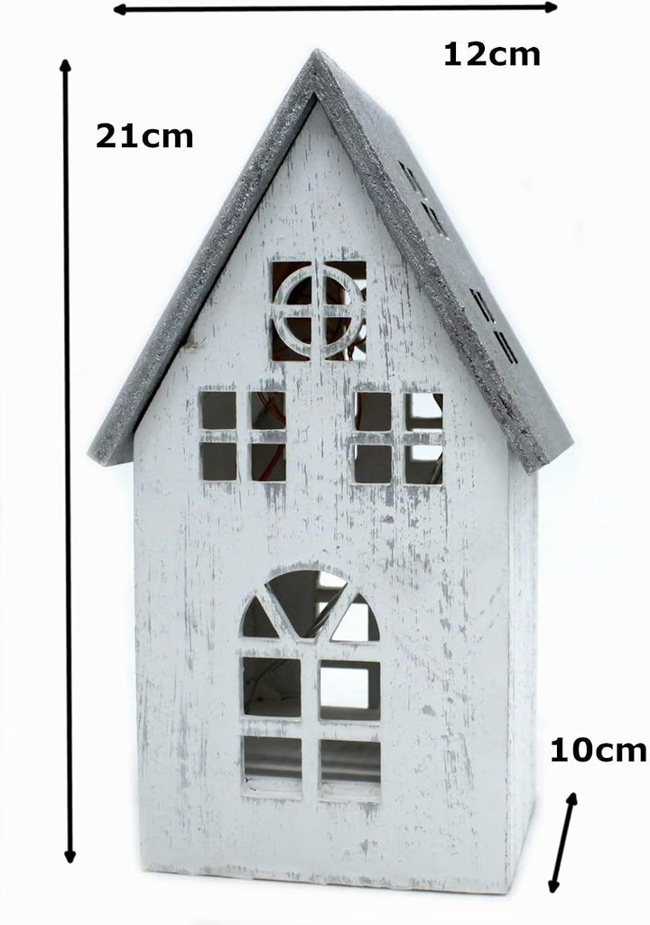 DARO DEKO Holz LED Haus weiss Silber 12 x 21cm, 12 x 21cm