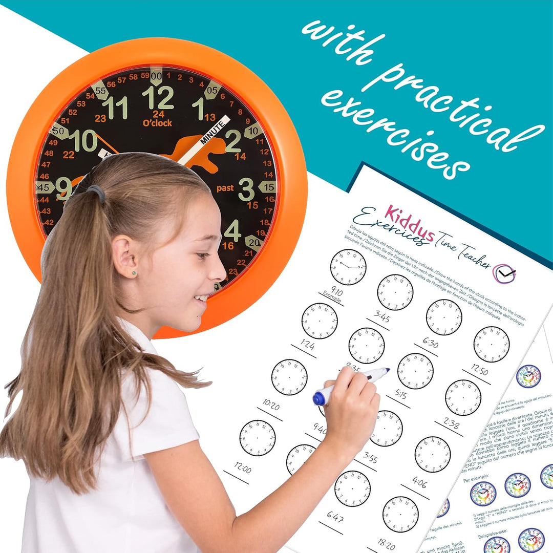 Kiddus Wanduhr für Kinder. Analoger Zeitlehrer mit Zeitlernübungen. Stilles Uhr. Viele Sprachen. Spa