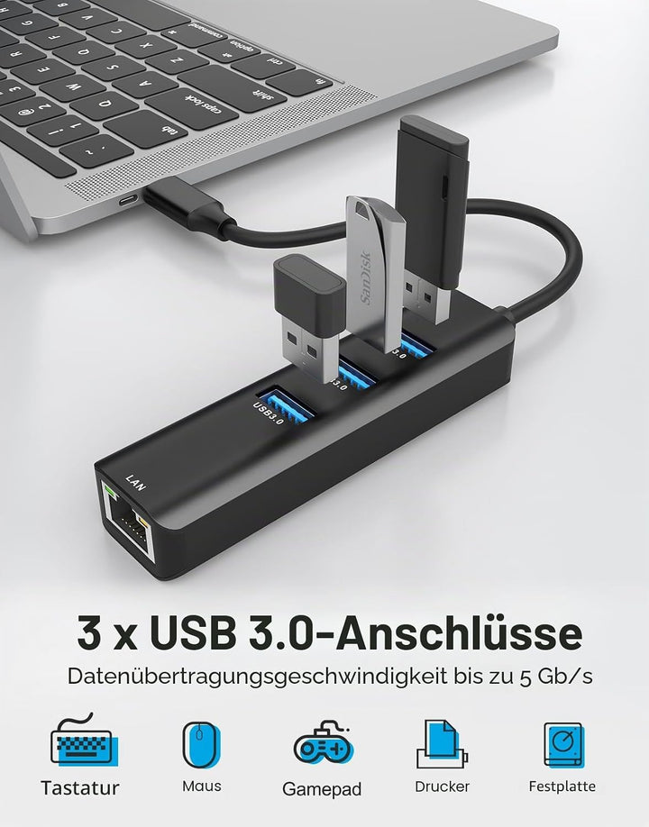 USB C zu Ethernet Adapter,ABLEWE 4-in-1 RJ45 zu USB-C/Thunderbolt 3 zu Gigabit Ethernet LAN Netzwerk