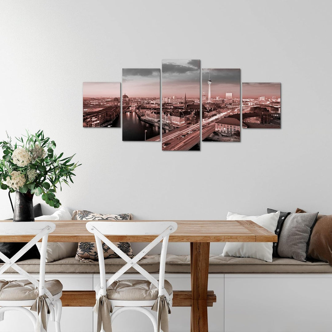 Runa Art Wandbilder Berlin 5 Teilig Bild auf Vlies Leinwand Deko Büro Wohnzimmer Stadt Grau Rosa 605