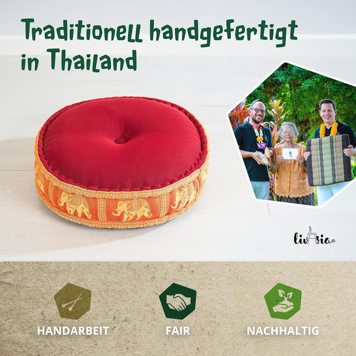 livasia Meditationskissen mit Thaiseide - Ø 45x15cm - Yogakissen mit Kapok, Pouf, Bodenkissen für Yo