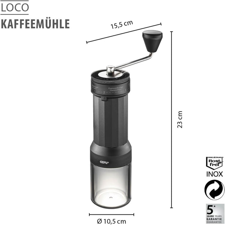 GEFU Kaffeemühle LOCO | Manuelle Kaffeemühle mit Keramikmahlwerk | 5 Mahlstufen für Espresso, Filter