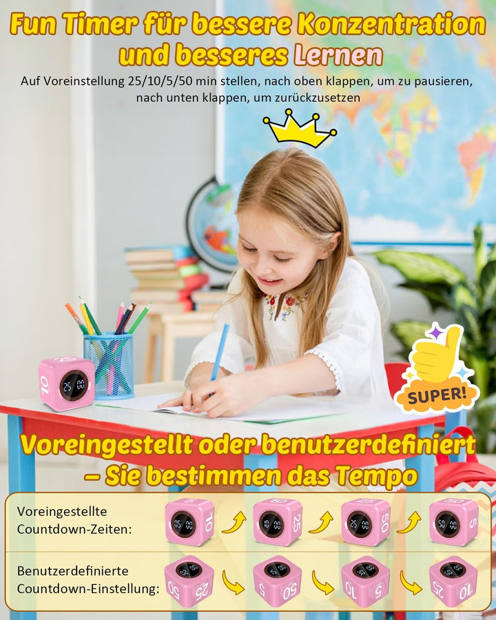 Pomodoro Timer Cube, Visueller Würfel-Timer für Kinder, Digitale LED Drehbarer Timer mit 5/10/25/50