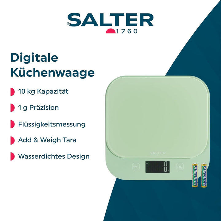 Salter British Bakes Digitale Küchenwaage – Grüne Backwaage mit hoher Kapazität von 10 kg, misst Flü