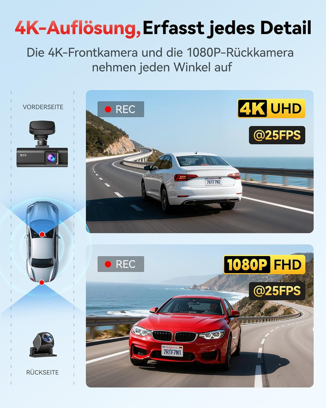 REDTIGER F7N 4K Dashcams mit WiFi GPS Front 4K/2.5K und hinten 1080P Dual Dash Kamera , 3.16" Displa