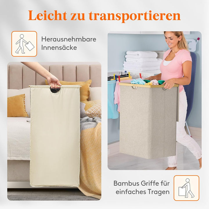 Lifewit 160L Bambus Wäschekorb mit Deckel, Faltbar Wäschesammler 2 Fächer Wäschesortierer mit Abnehm