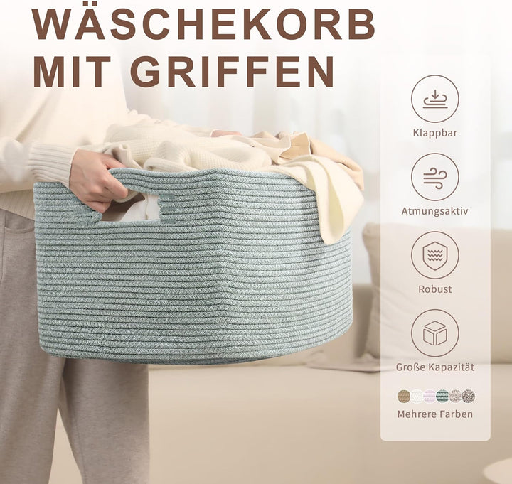 86L grosser Wäschekorb geflochten mit Henkeln, Efeugrün | Aufbewahrungskorb aus Baumwollseil für Dec