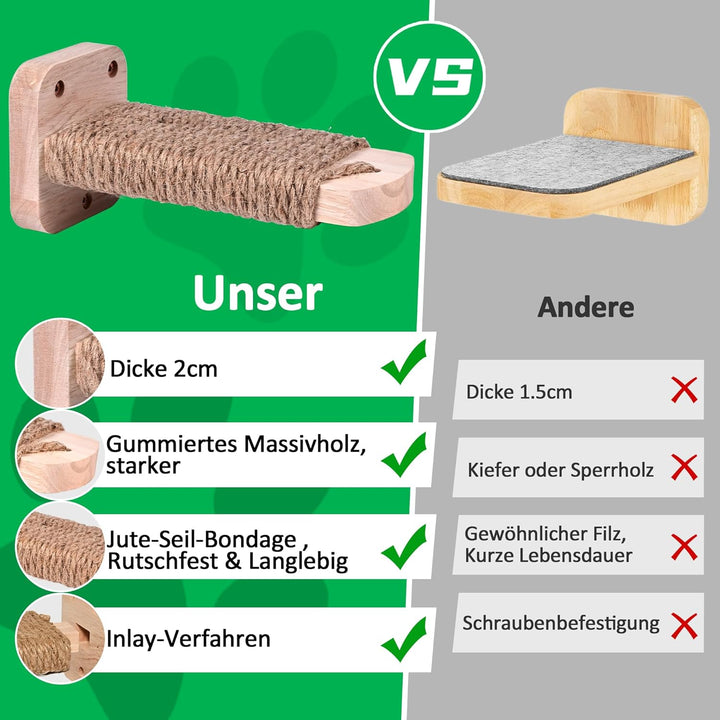 Katzentreppe Wand(4pcs), Kletterwand Katzen, mit Einlage-Handwerkskunst, aus 2cm Massives Gummiholz,