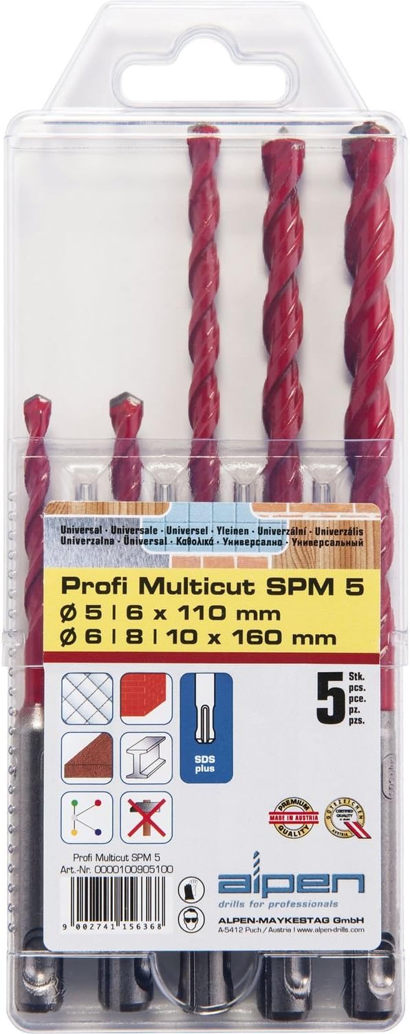 ALPEN Hartmetall-Mehrzweckbohrer Set Profi Multicut (ø 5-10 mm, mit SDS-plus Schaft, Drehbohren in F