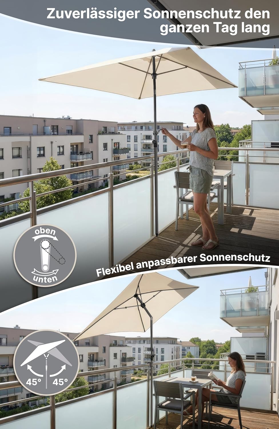 4smile Sonnenschirm Balkon mit Kurbel, Sonnenschirm rechteckig 200x125 cm, Balkonschirm mit UV 50+,