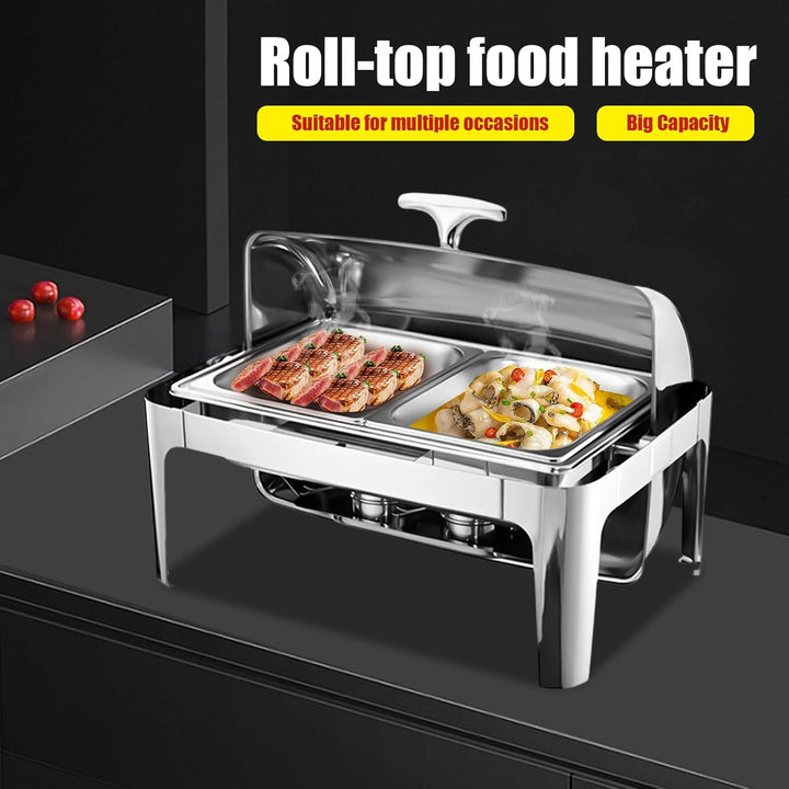 9l Edelstahl Speisenwärmer, Chafing Dish Mit Rolldeckel Speisenwärmer Warmhaltebehälter, Heizplatten