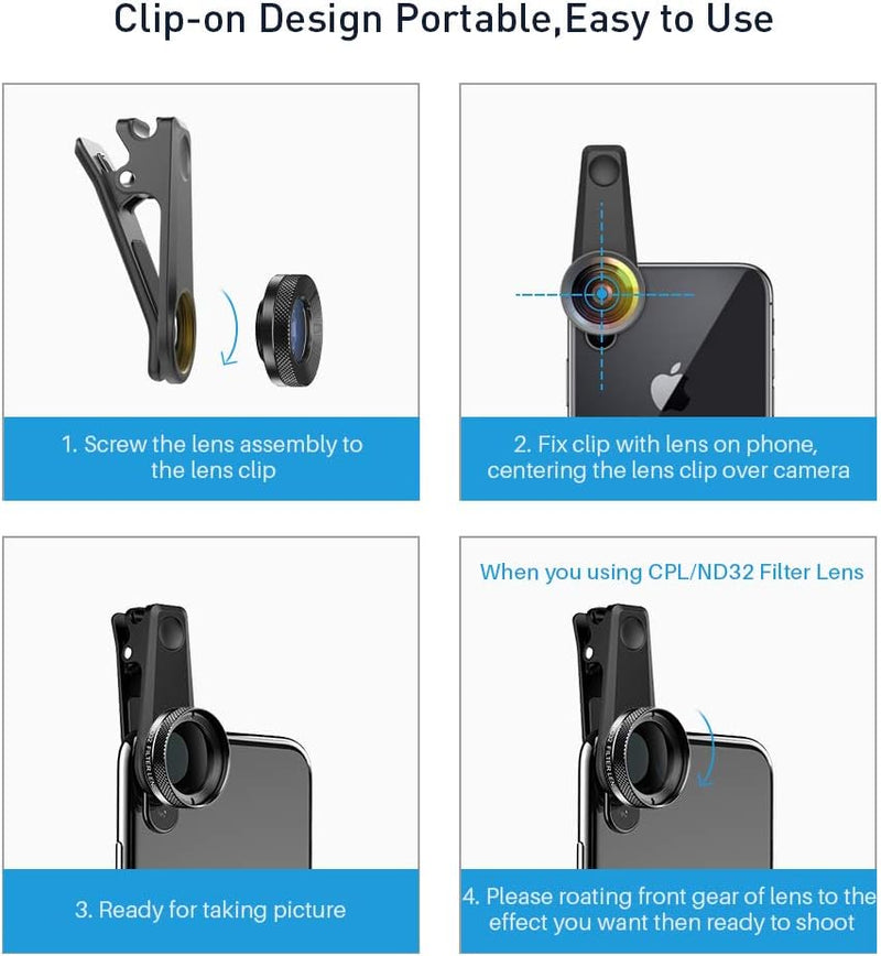 APEXEL 6 in 1 Handy-Objektiv-Kit, Super 205 ° Fischaugenobjektiv + 140 ° Weitwinkelobjektiv und 25x
