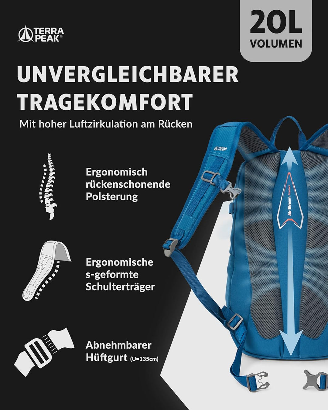 Terra Peak® Premium Wanderrucksack 20L (FLEX 20) klein mit Rückenbelüftung, Regenschutz & Trinksyste