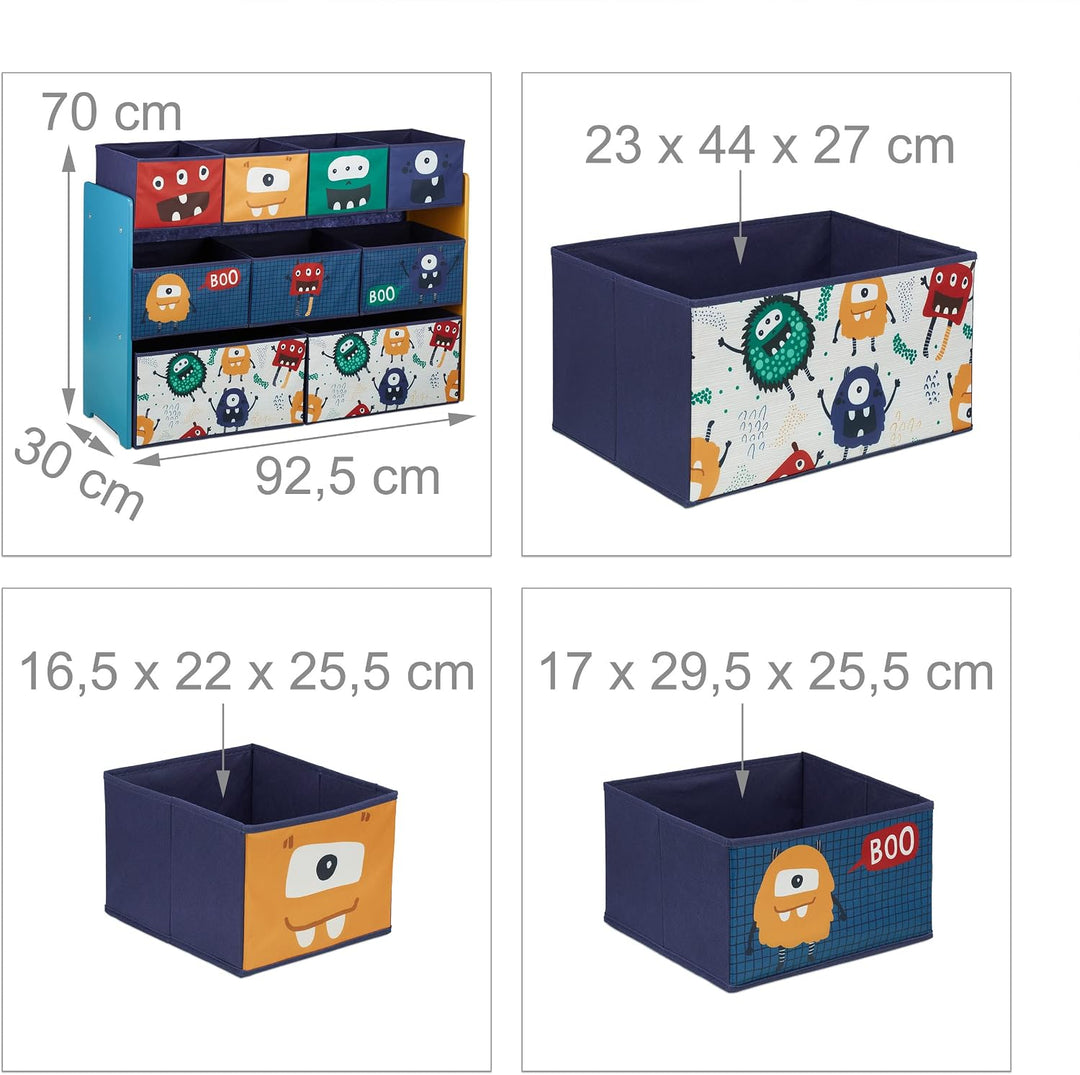 Relaxdays Kinderregal mit 9 Stoffboxen, Monster Design, HxBxT: 70 x 92,5 30 cm, Spielzeugregal fürs