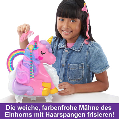 Polly Pocket HMX18 -Mini-Spielzeug, Regenbogen-Einhorn-Salon-Styling-Kopf und Schatullen-Spielset mi