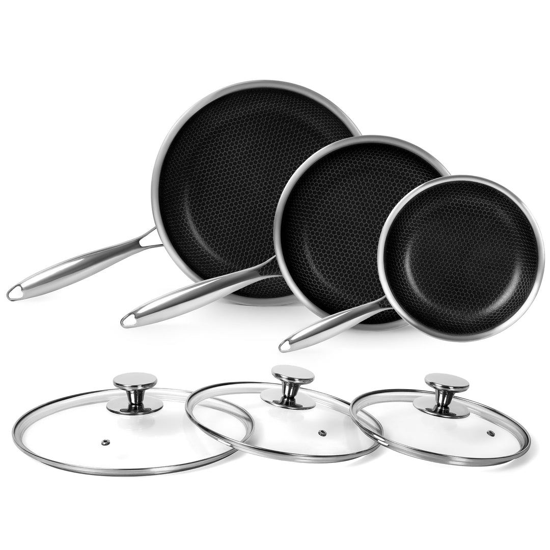 Pfannenset 3-teilig 20+24+28 cm aus Edelstahl mit Deckel, Induktionsgeeignet, Antihaftbeschichtung m