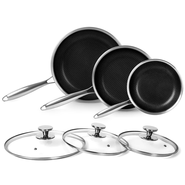 Pfannenset 3-teilig 20+24+28 cm aus Edelstahl mit Deckel, Induktionsgeeignet, Antihaftbeschichtung m
