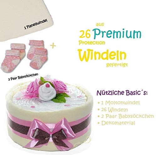 dubistda© Windeltorte CAKEBOX für Mädchen rosa | Geschenk für Mädchen zur Geburt Babyparty Babyshowe