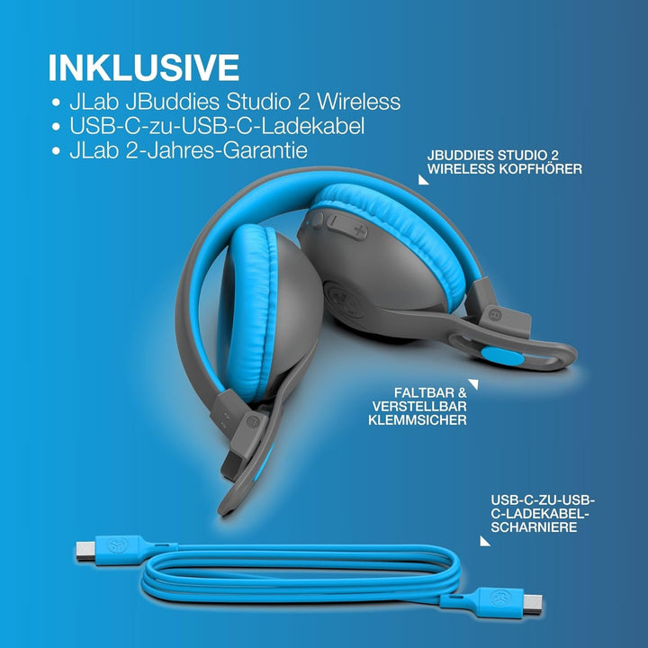 JLab JBuddies Studio 2 Kabellose + verkabelte On-Ear-Kinder-Kopfhörer, Grau/Blau, 65+ Stunden Akkula