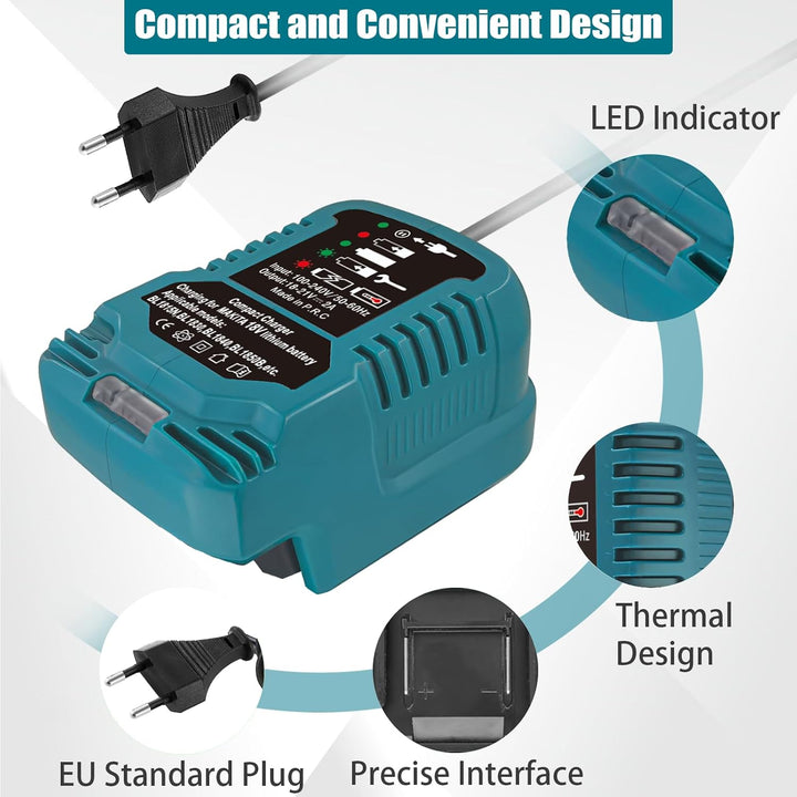 220V für Makita 18V-Akkuladegerät, Mini Ladegerät Ersatz für Makita 18Volt Batterie BL1815 BL1820 BL