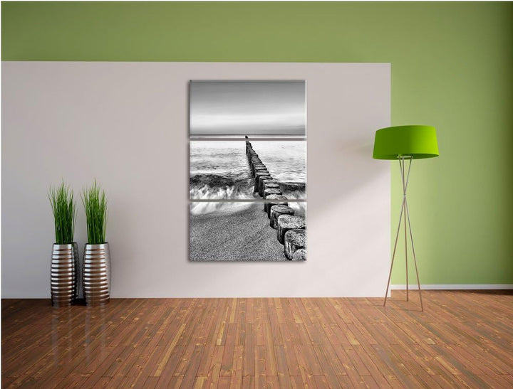 Pixxprint Wellenbrecher im Meer als Leinwandbild/Grösse: 3 Teilig (120x80) cm/Wandbild/Kunstdruck/fe