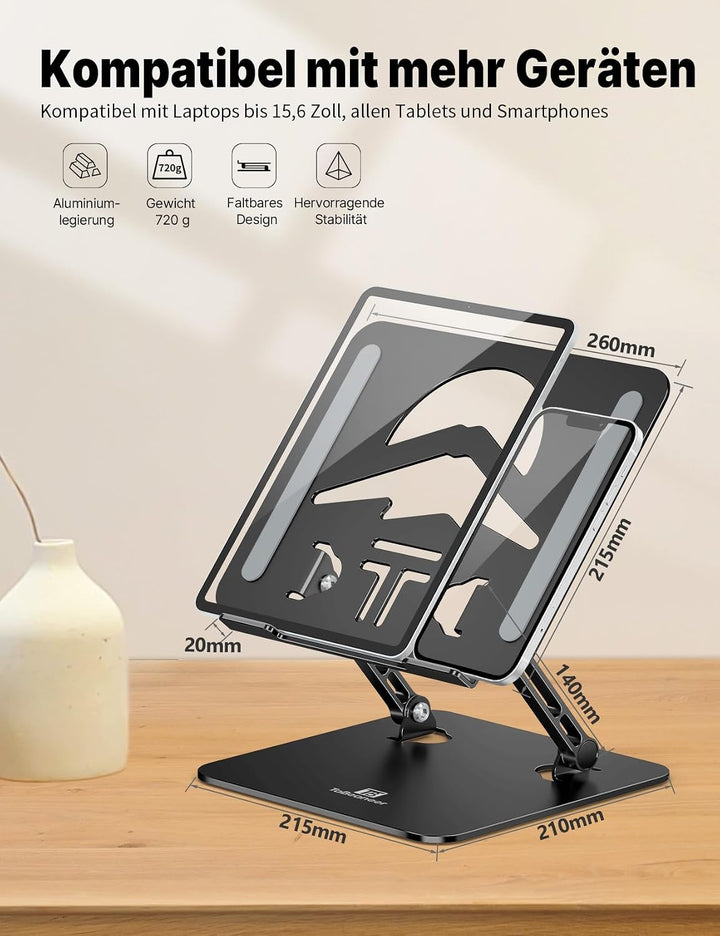 Ergonomischer Laptop Ständer aus Aluminium, Höhenverstellbar &amp; Faltbar, Stabil &amp; rutschfest, Verbess