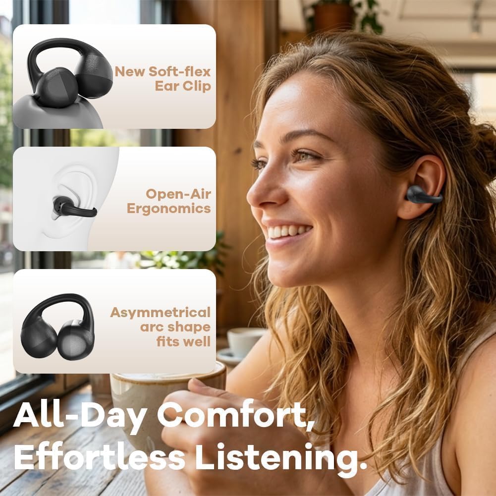 Open Ear Kopfhörer, Bluetooth Earbuds, Clip on Design mit 4 Noise Cancelling Mikrofone, 40h Std, Blu