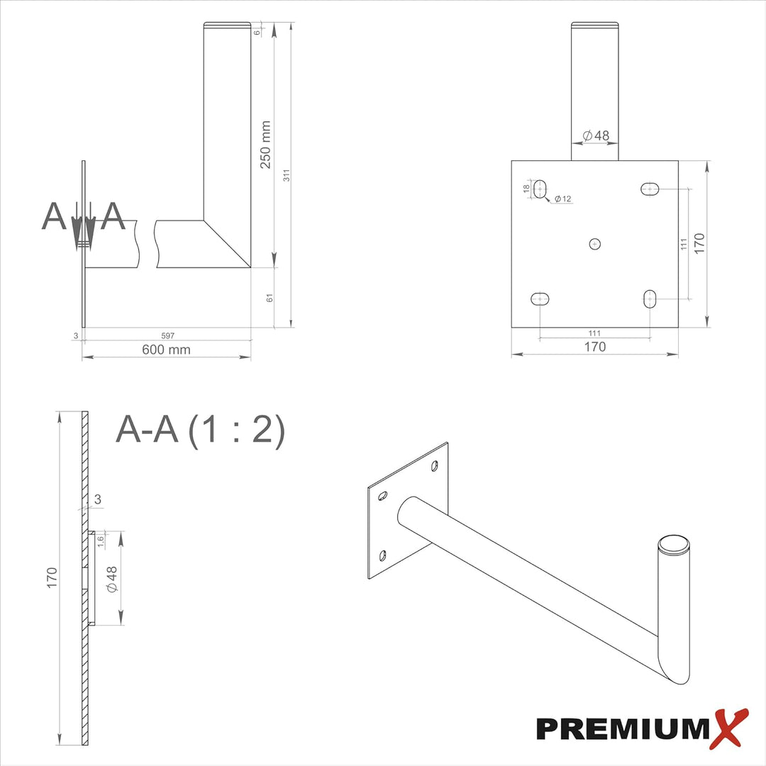 PremiumX 60cm Wandhalter Ø 48mm Stahl verzinkt SAT Antenne Wandhalterung Wand Montage Halter Wandabs