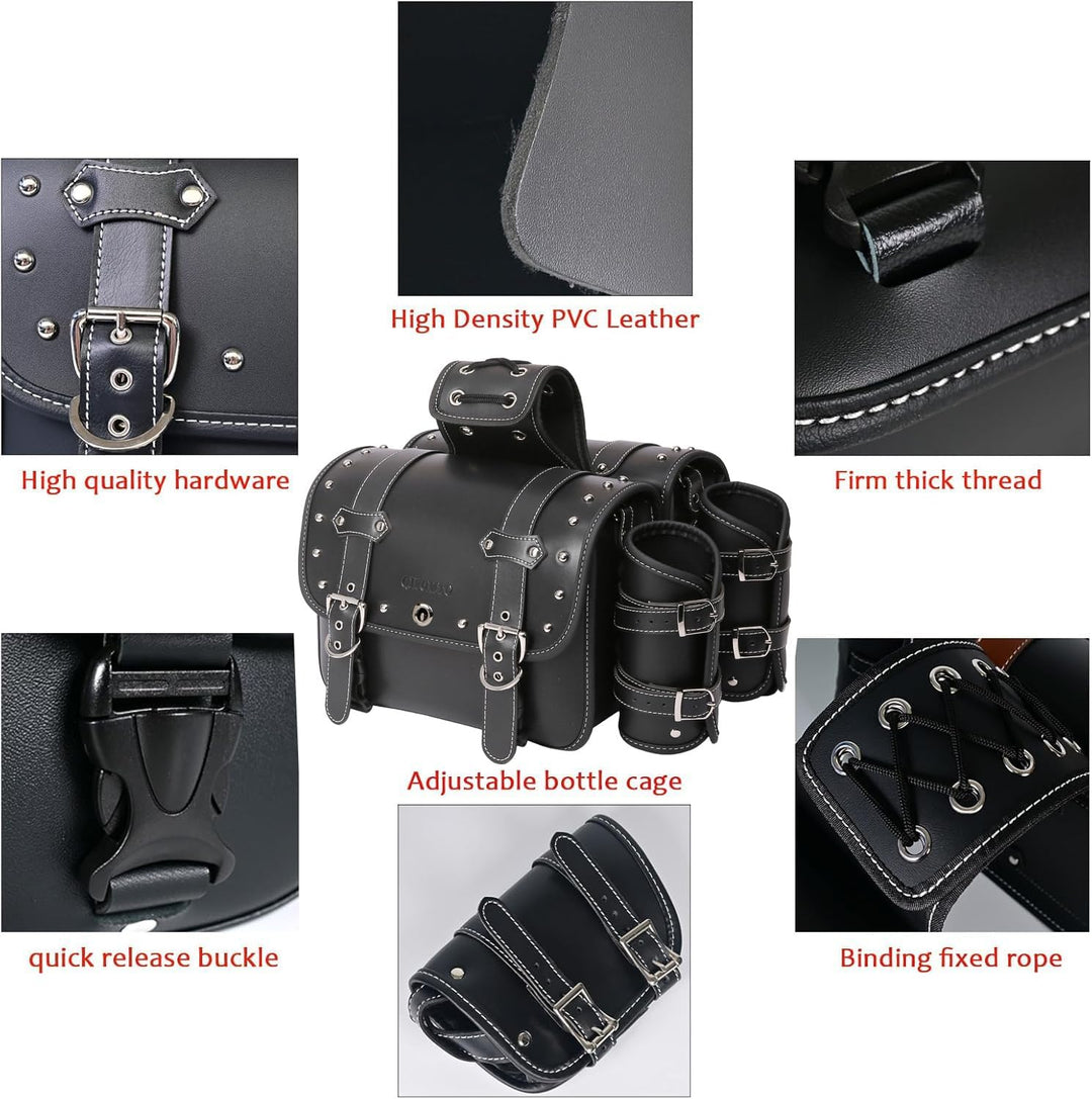 QJBOMTO Motorrad-Satteltaschen aus hochdichtem Leder,Gepäckträger-Seitentaschen mit Getränkehalter,