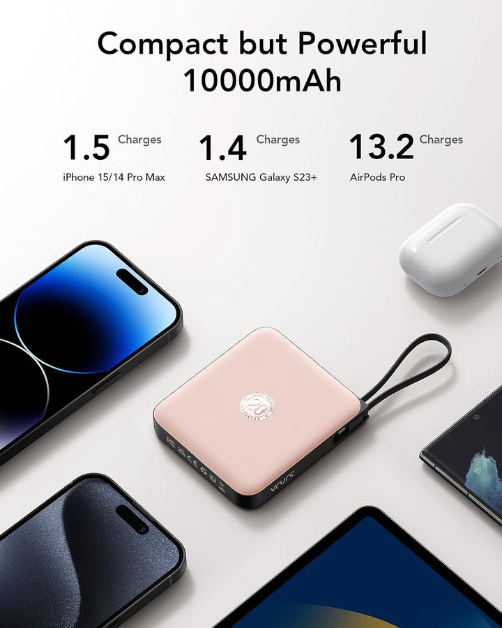 VRURC Power Bank mit Kabel 10000mAh Klein USB C Powerbank Schnelles Aufladen 22.5W Mini Tragbares La