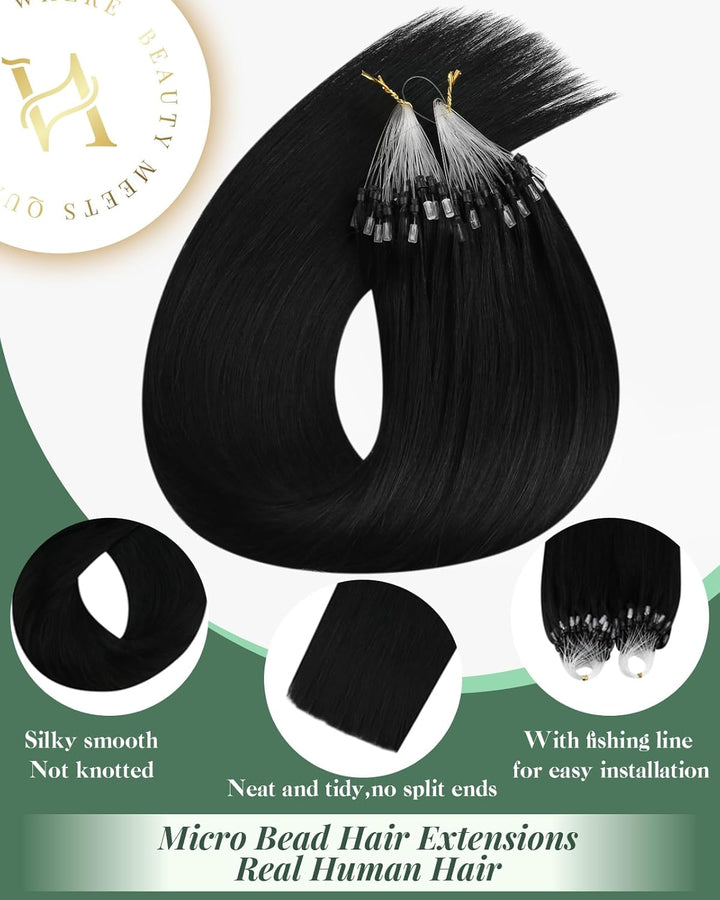 Ugeat Micro Extensions Echthaar Schwarz 1g/Strähnen Haarverlängerung mit Microrings Farbe 1 Schwarz