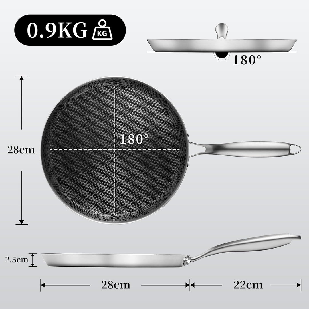 Innerwell Edelstahl Crepe Pfanne, 28cm Pfanne mit Wabenförmiger Antihaftbeschichtung, Omlettpfanne,