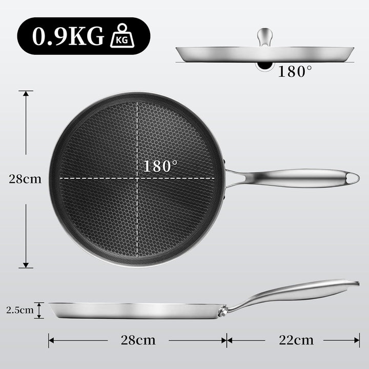 Innerwell Edelstahl Crepe Pfanne, 28cm Pfanne mit Wabenförmiger Antihaftbeschichtung, Omlettpfanne,