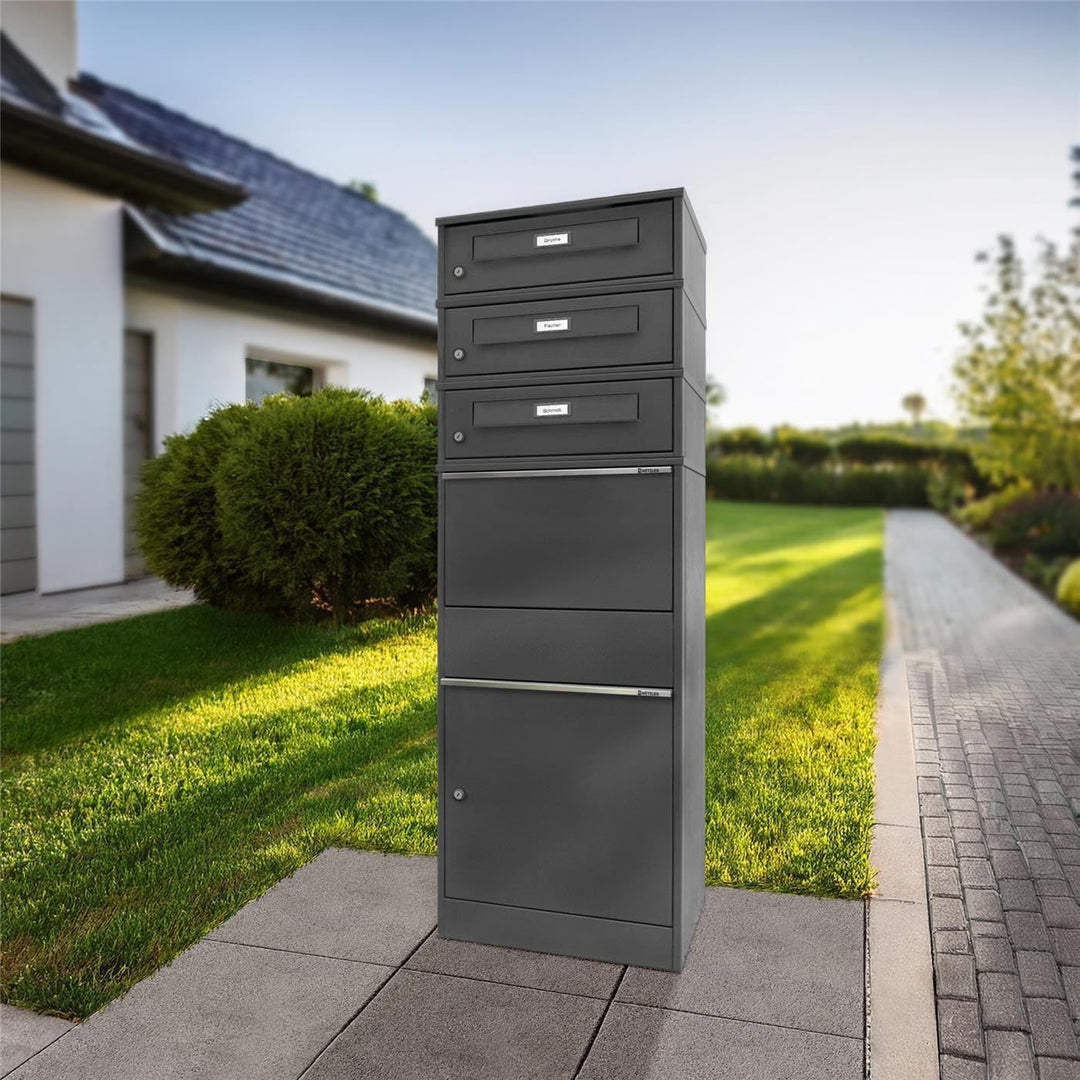 Metzler Paketbox mit 3 Briefkästen – 3er Briefkasten mit Paketfach & austauschbarem Namensschild – P