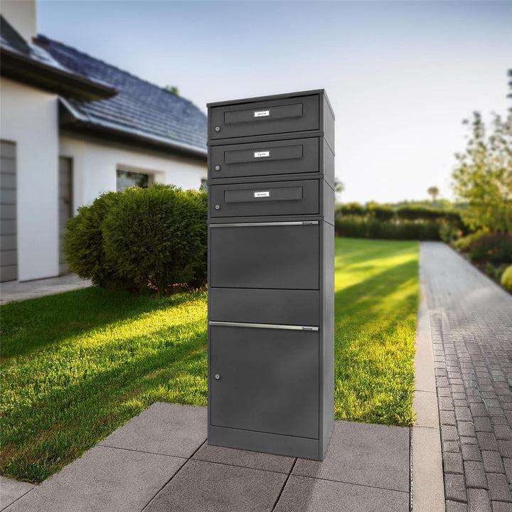Metzler Paketbox mit 3 Briefkästen – 3er Briefkasten mit Paketfach & austauschbarem Namensschild – P